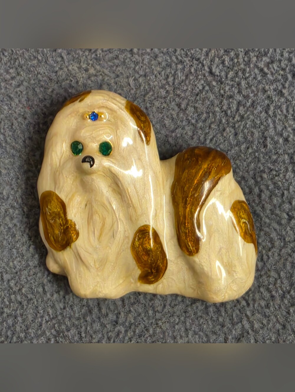 Cream Brown Shih Tzu Lhasa Apso Dog Brooch Green Eyes Blue Rhinestone Pin New